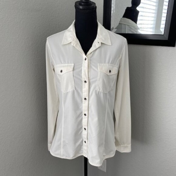 EDDIE BAUER Ivory Snow Travex Departure Stretch Long Sleeve Shirt Medium - Picture 2 of 9